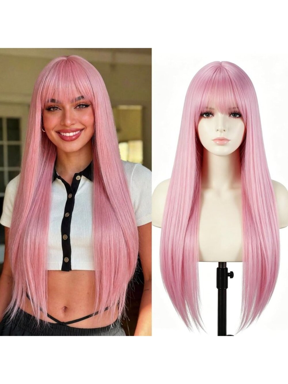 Women's Pink Long trendy Straight Wig with Bangs for 26 Inch Natural Heat